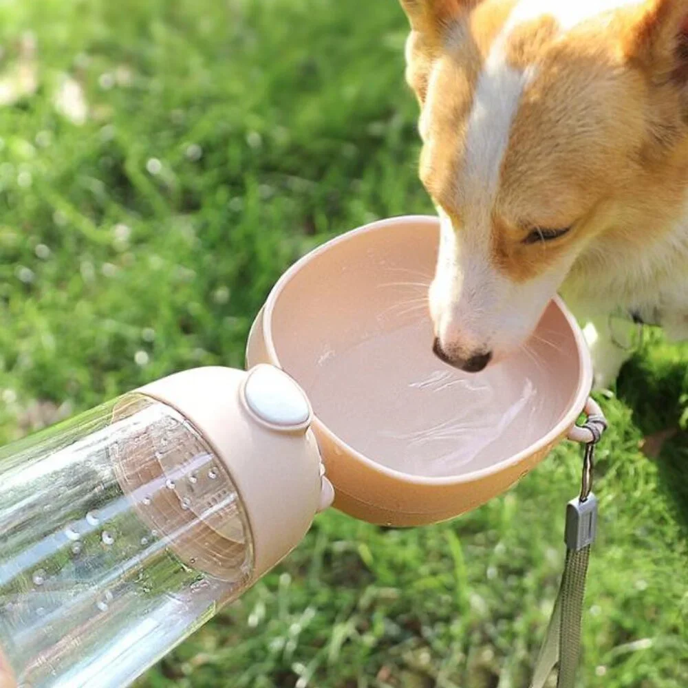 2-in-1 DOG WATER BOTTLE SNACK HOLDER WITH BUILT IN BOWL FOR TRAVEL, BEACH, HIKE